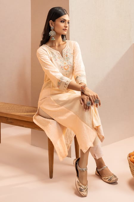 Buy Dohr India Peach Cotton, Kota Doria, Silk Sequins, Lace, Schiffli Kurta Set With Dupatta Online at Aza Fashions Buy_Dohr India_Peach Cotton, Kota Doria, Silk Sequins, Lace, Schiffli Kurta Set With Dupatta _Online_at_Aza_Fashions