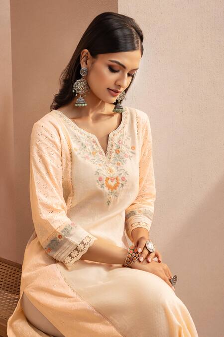 Shop Dohr India Peach Cotton, Kota Doria, Silk Sequins, Lace, Schiffli Kurta Set With Dupatta Online at Aza Fashions Shop_Dohr India_Peach Cotton, Kota Doria, Silk Sequins, Lace, Schiffli Kurta Set With Dupatta _Online_at_Aza_Fashions
