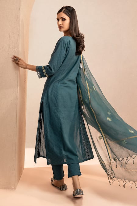 Shop Dohr India Blue Cotton, Kota Doria Sequins, Lace Split Embroidered Straight Kurta Pant Set at Aza Fashions Shop_Dohr India_Blue Cotton, Kota Doria Sequins, Lace Split Embroidered Straight Kurta Pant Set _at_Aza_Fashions