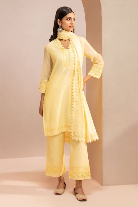 Dohr India Lace Embroidered Short Kurta Pant Set 