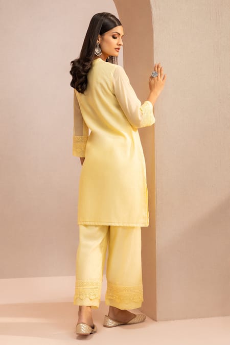 Shop Dohr India Yellow Cotton, Silk Lace V-neck Embroidered Short Kurta Pant Set at Aza Fashions Shop_Dohr India_Yellow Cotton, Silk Lace V-neck Embroidered Short Kurta Pant Set _at_Aza_Fashions
