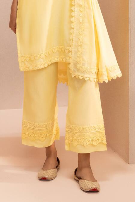 Dohr India Yellow Cotton, Silk Lace V-neck Embroidered Short Kurta Pant Set Online at Aza Fashions Dohr India_Yellow Cotton, Silk Lace V-neck Embroidered Short Kurta Pant Set _Online_at_Aza_Fashions