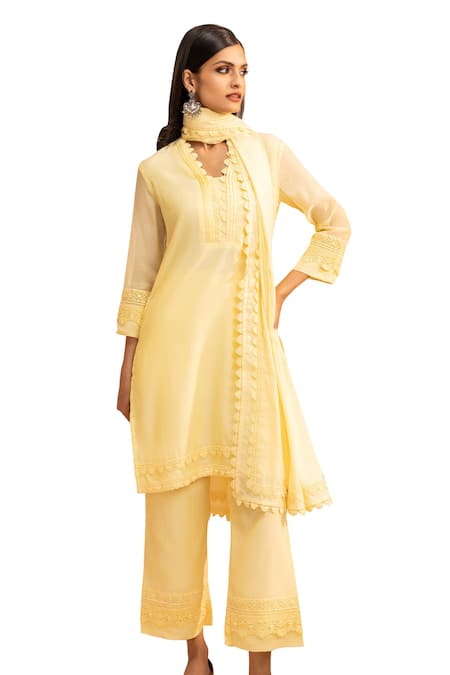 Buy Dohr India Yellow Cotton, Silk Lace V-neck Embroidered Short Kurta Pant Set Online at Aza Fashions Buy_Dohr India_Yellow Cotton, Silk Lace V-neck Embroidered Short Kurta Pant Set _Online_at_Aza_Fashions