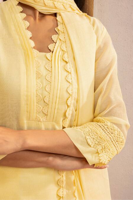 Shop Dohr India Yellow Cotton, Silk Lace V-neck Embroidered Short Kurta Pant Set Online at Aza Fashions Shop_Dohr India_Yellow Cotton, Silk Lace V-neck Embroidered Short Kurta Pant Set _Online_at_Aza_Fashions