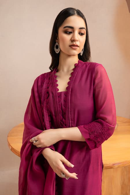 Shop_Dohr India_Purple Cotton, Silk Lace, Embroidery V-neck Short Kurta Set _Online_at_Aza_Fashions