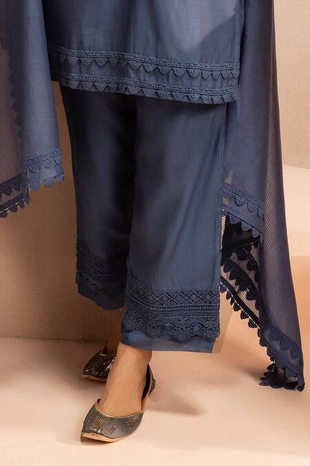 Dohr India_Blue Cotton Satin, Cotton, Silk Lace V-neck Embroidered Short Kurta Set _Online_at_Aza_Fashions