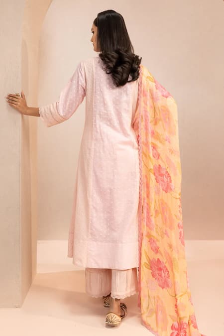Shop Dohr India Pink , Satin, Silk Embroidery, Lace A-line Aari Kurta Pant Set at Aza Fashions Shop_Dohr India_Pink , Satin, Silk Embroidery, Lace A-line Aari Kurta Pant Set _at_Aza_Fashions
