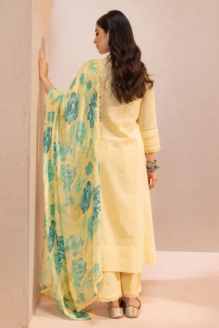 Shop Dohr India Yellow , Viscose, Satin, Silk Aari A-line Kurta Pant Set at Aza Fashions Shop_Dohr India_Yellow , Viscose, Satin, Silk Aari A-line Kurta Pant Set _at_Aza_Fashions
