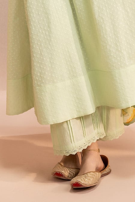 Dohr India_Green , Satin, Silk Embroidery, Lace V-neck Aari A-line Kurta Set _Online_at_Aza_Fashions