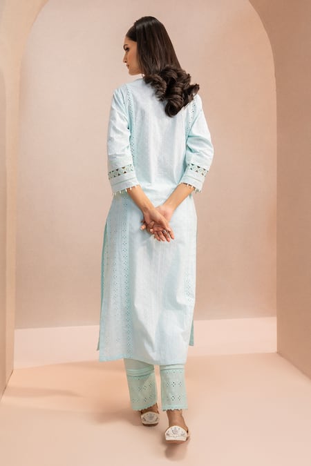 Shop Dohr India Blue , Satin Lace V-neck Schiffli Tonal Kurta Pant Set at Aza Fashions Shop_Dohr India_Blue , Satin Lace V-neck Schiffli Tonal Kurta Pant Set _at_Aza_Fashions