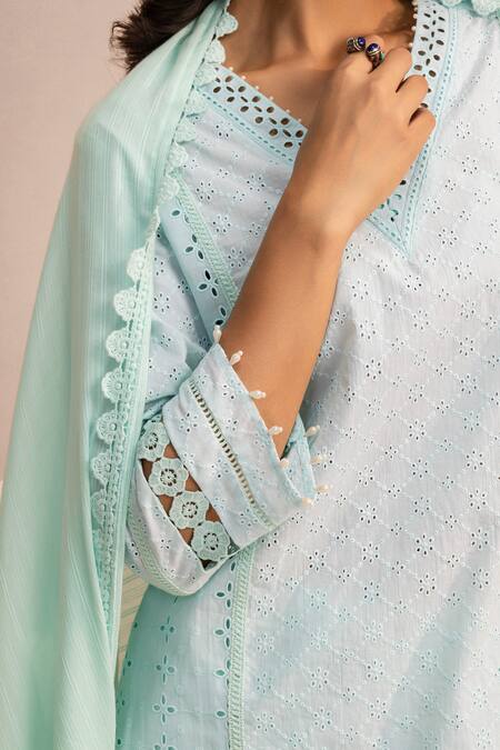 Dohr India Blue , Satin Lace V-neck Schiffli Tonal Kurta Pant Set Online at Aza Fashions Dohr India_Blue , Satin Lace V-neck Schiffli Tonal Kurta Pant Set _Online_at_Aza_Fashions