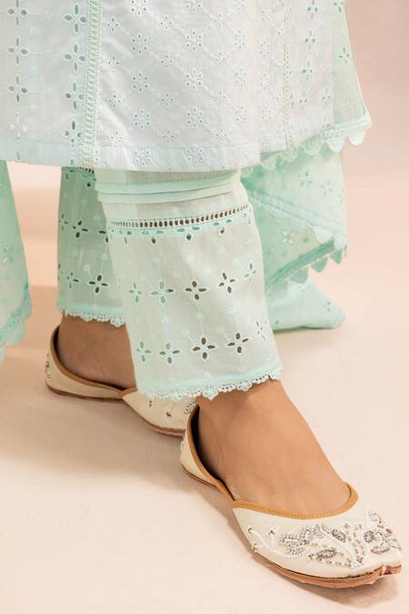 Buy Dohr India Blue , Satin Lace V-neck Schiffli Tonal Kurta Pant Set Online at Aza Fashions Buy_Dohr India_Blue , Satin Lace V-neck Schiffli Tonal Kurta Pant Set _Online_at_Aza_Fashions