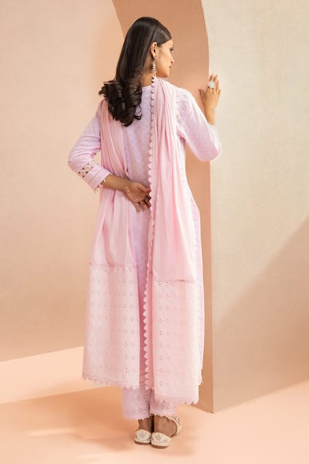 Shop Dohr India Pink Cotton Fabric Flowers V-neck Schiffli Solid Kurta Pant Set at Aza Fashions Shop_Dohr India_Pink Cotton Fabric Flowers V-neck Schiffli Solid Kurta Pant Set _at_Aza_Fashions