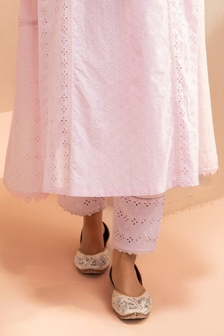 Buy Dohr India Pink Cotton Fabric Flowers V-neck Schiffli Solid Kurta Pant Set Online at Aza Fashions Buy_Dohr India_Pink Cotton Fabric Flowers V-neck Schiffli Solid Kurta Pant Set _Online_at_Aza_Fashions
