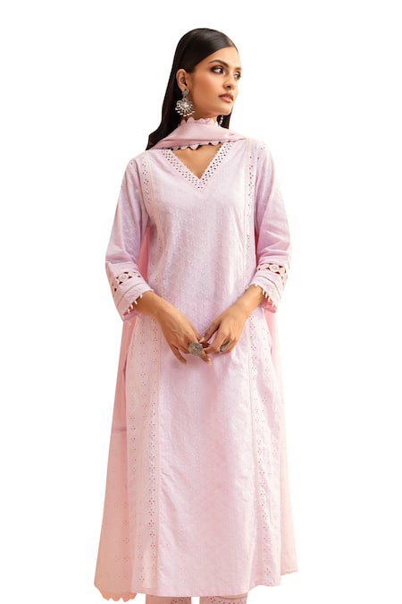 Shop Dohr India Pink Cotton Fabric Flowers V-neck Schiffli Solid Kurta Pant Set Online at Aza Fashions Shop_Dohr India_Pink Cotton Fabric Flowers V-neck Schiffli Solid Kurta Pant Set _Online_at_Aza_Fashions