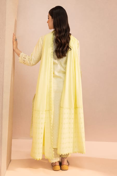 Shop Dohr India Yellow Cotton Lace V-neck Schiffli Solid Kurta Set at Aza Fashions Shop_Dohr India_Yellow Cotton Lace V-neck Schiffli Solid Kurta Set _at_Aza_Fashions