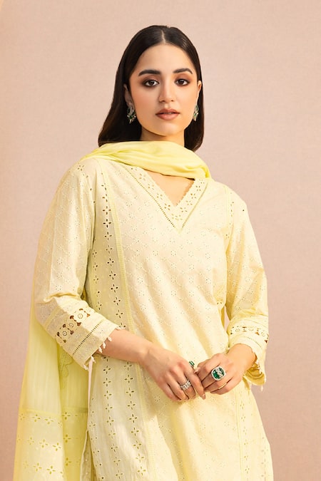Dohr India Yellow Cotton Lace V-neck Schiffli Solid Kurta Set Online at Aza Fashions Dohr India_Yellow Cotton Lace V-neck Schiffli Solid Kurta Set _Online_at_Aza_Fashions