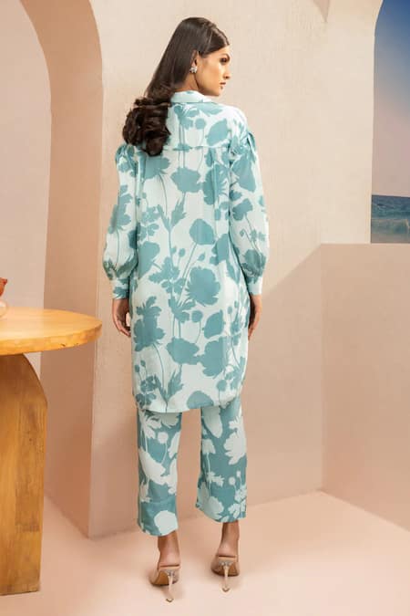 Shop_Dohr India_Blue Viscose, Crepe Collared Floral Print Button Down Top With Pant _at_Aza_Fashions
