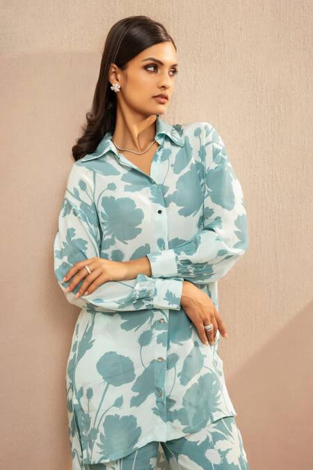 Dohr India_Blue Viscose, Crepe Collared Floral Print Button Down Top With Pant _Online_at_Aza_Fashions