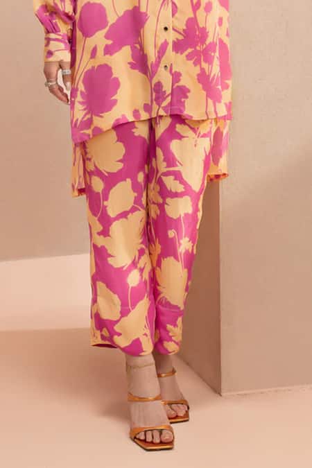 Shop Dohr India Pink Viscose, Crepe Collared Floral Print Top With Pant Online at Aza Fashions Shop_Dohr India_Pink Viscose, Crepe Collared Floral Print Top With Pant _Online_at_Aza_Fashions