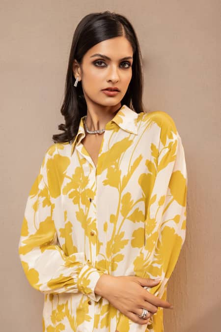 Dohr India_Green Viscose, Crepe Collared Floral Print High Low Top With Pant _Online_at_Aza_Fashions