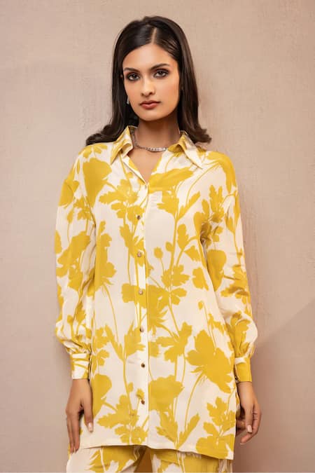 Buy_Dohr India_Green Viscose, Crepe Collared Floral Print High Low Top With Pant _Online_at_Aza_Fashions