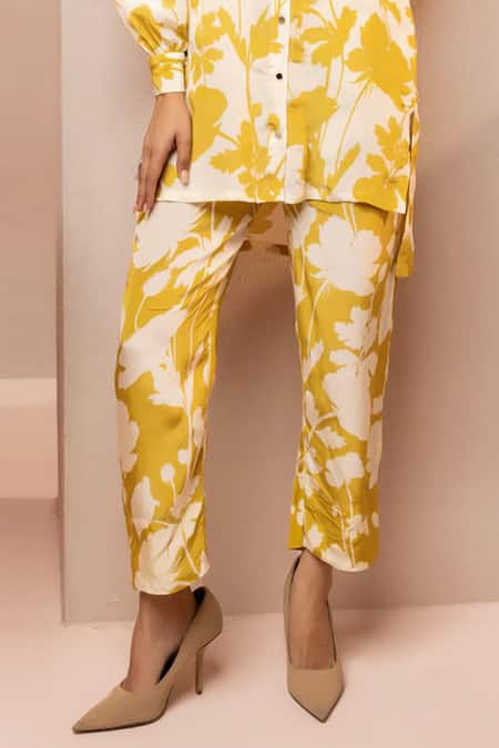 Shop_Dohr India_Green Viscose, Crepe Collared Floral Print High Low Top With Pant _Online_at_Aza_Fashions