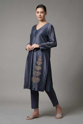 Buy_Joy Mitra_Blue Chanderi Embroidered Sequin V-neck Kurta With Pant _Online_at_Aza_Fashions