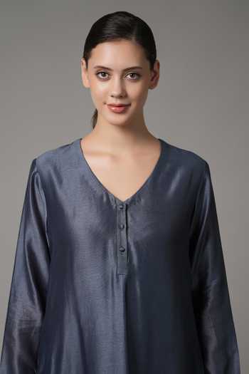 Shop_Joy Mitra_Blue Chanderi Embroidered Sequin V-neck Kurta With Pant _Online_at_Aza_Fashions