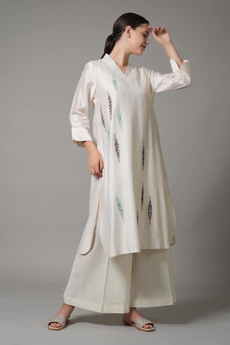 Buy_Joy Mitra_Ivory Chanderi Sequins, Beads Mandarin Cluster Embroidered Kurta With Palazzo _Online_at_Aza_Fashions