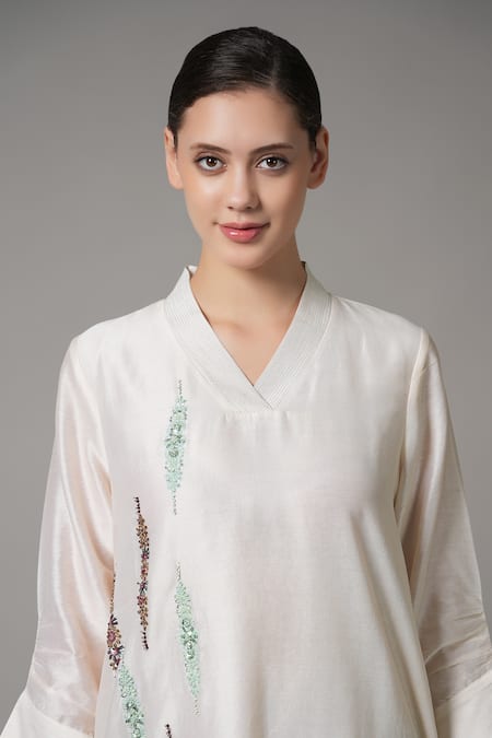 Shop_Joy Mitra_Ivory Chanderi Sequins, Beads Mandarin Cluster Embroidered Kurta With Palazzo _Online_at_Aza_Fashions