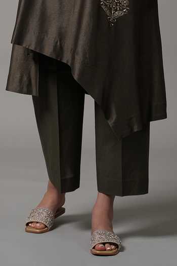 Joy Mitra_Green Chanderi Embroidered Sequin Round Asymmetric Kurta With Pant _Online_at_Aza_Fashions