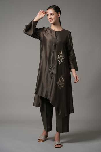 Buy_Joy Mitra_Green Chanderi Embroidered Sequin Round Asymmetric Kurta With Pant _Online_at_Aza_Fashions