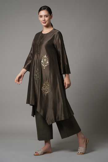 Shop_Joy Mitra_Green Chanderi Embroidered Sequin Round Asymmetric Kurta With Pant _Online_at_Aza_Fashions