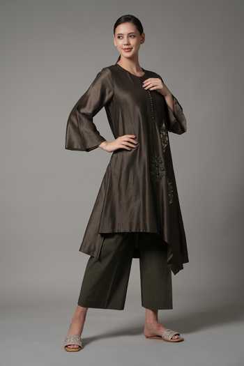 Joy Mitra_Green Chanderi Embroidered Sequin Round Asymmetric Kurta With Pant _at_Aza_Fashions