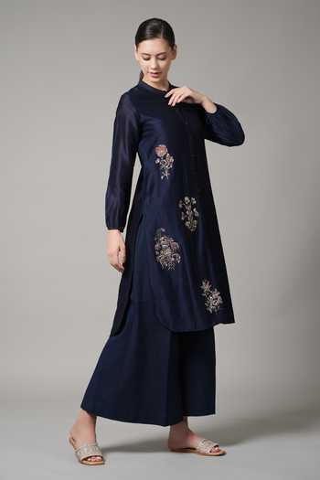 Joy Mitra_Blue Chanderi Embroidered Sequin Mandarin Collar Bouquet Kurta With Pant _Online_at_Aza_Fashions