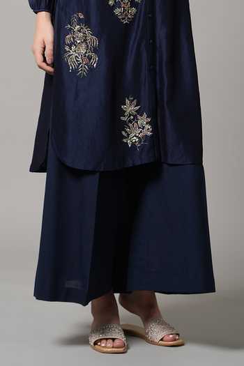 Buy_Joy Mitra_Blue Chanderi Embroidered Sequin Mandarin Collar Bouquet Kurta With Pant _Online_at_Aza_Fashions
