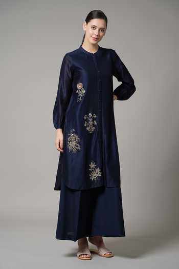 Shop_Joy Mitra_Blue Chanderi Embroidered Sequin Mandarin Collar Bouquet Kurta With Pant _Online_at_Aza_Fashions