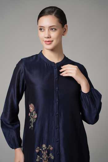 Joy Mitra_Blue Chanderi Embroidered Sequin Mandarin Collar Bouquet Kurta With Pant _at_Aza_Fashions