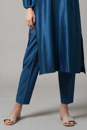 Joy Mitra_Blue Chanderi Embroidered Sequin Round Floral Branch Kurta With Pant _Online_at_Aza_Fashions