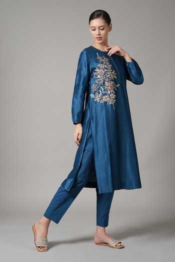 Buy_Joy Mitra_Blue Chanderi Embroidered Sequin Round Floral Branch Kurta With Pant _Online_at_Aza_Fashions
