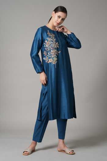 Shop_Joy Mitra_Blue Chanderi Embroidered Sequin Round Floral Branch Kurta With Pant _Online_at_Aza_Fashions