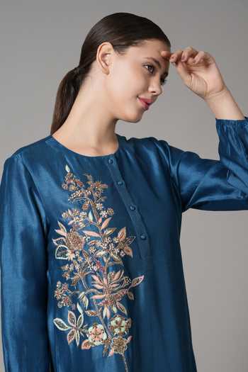 Joy Mitra_Blue Chanderi Embroidered Sequin Round Floral Branch Kurta With Pant _at_Aza_Fashions