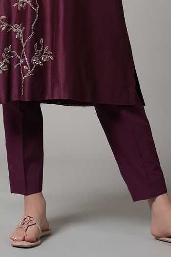 Joy Mitra_Purple Chanderi Embroidered Sequin Raised Collar Blossom Vine Kurta With Pant _Online_at_Aza_Fashions