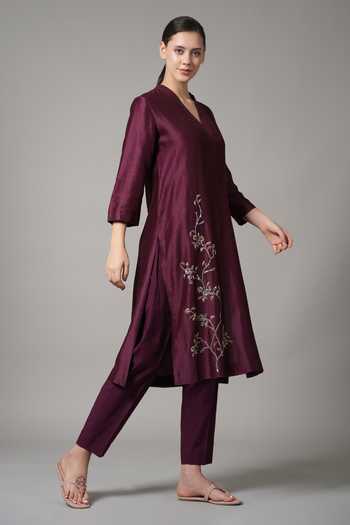 Buy_Joy Mitra_Purple Chanderi Embroidered Sequin Raised Collar Blossom Vine Kurta With Pant _Online_at_Aza_Fashions
