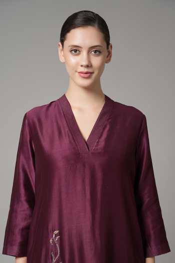 Shop_Joy Mitra_Purple Chanderi Embroidered Sequin Raised Collar Blossom Vine Kurta With Pant _Online_at_Aza_Fashions