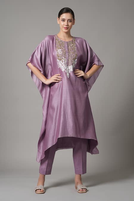 Joy Mitra Chanderi Paisley Embroidered Kaftan With Pant 