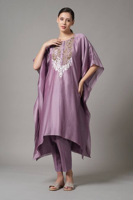 Buy_Joy Mitra_Purple Chanderi Embroidered Sequin Round Paisley Kaftan With Pant _Online_at_Aza_Fashions