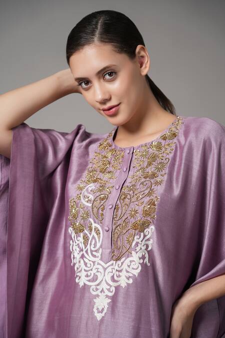 Joy Mitra_Purple Chanderi Embroidered Sequin Round Paisley Kaftan With Pant _at_Aza_Fashions