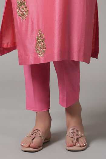 Joy Mitra Pink Chanderi Embroidered Sequin Scallop Round Floral Butti Kurta With Pant Online at Aza Fashions Joy Mitra_Pink Chanderi Embroidered Sequin Scallop Round Floral Butti Kurta With Pant _Online_at_Aza_Fashions